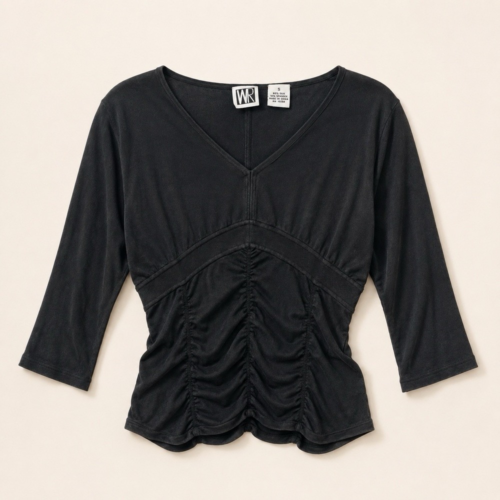 WR Women's Small 90% Silk Black Ruched V-Neck Fitted Top Y2K